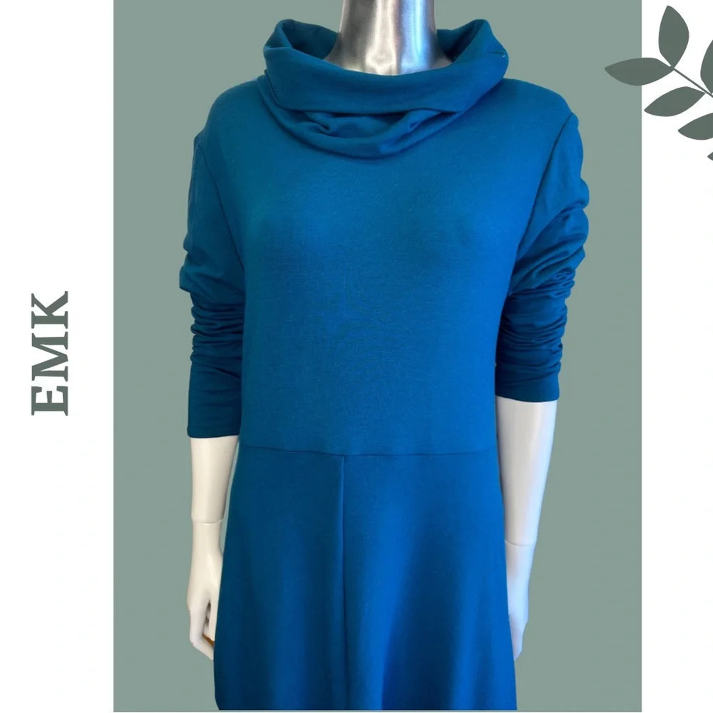 EMK Irene Midi Dress Long Sleeves w/ Pockets Cowl Neck Teal Bamboo Blend - Picture 6 of 10